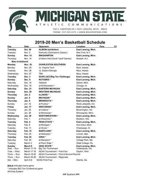 Michigan State Basketball Schedule