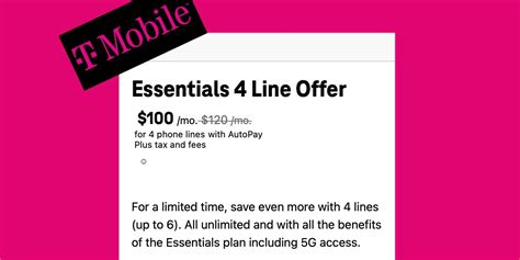 T Mobile Essentials Plan Four Lines 100 Offer