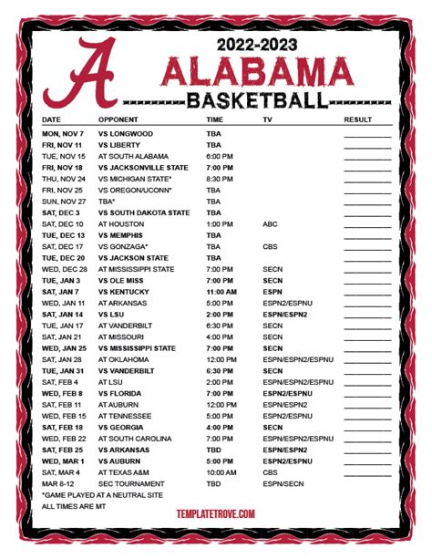 Alabama Basketball Schedule